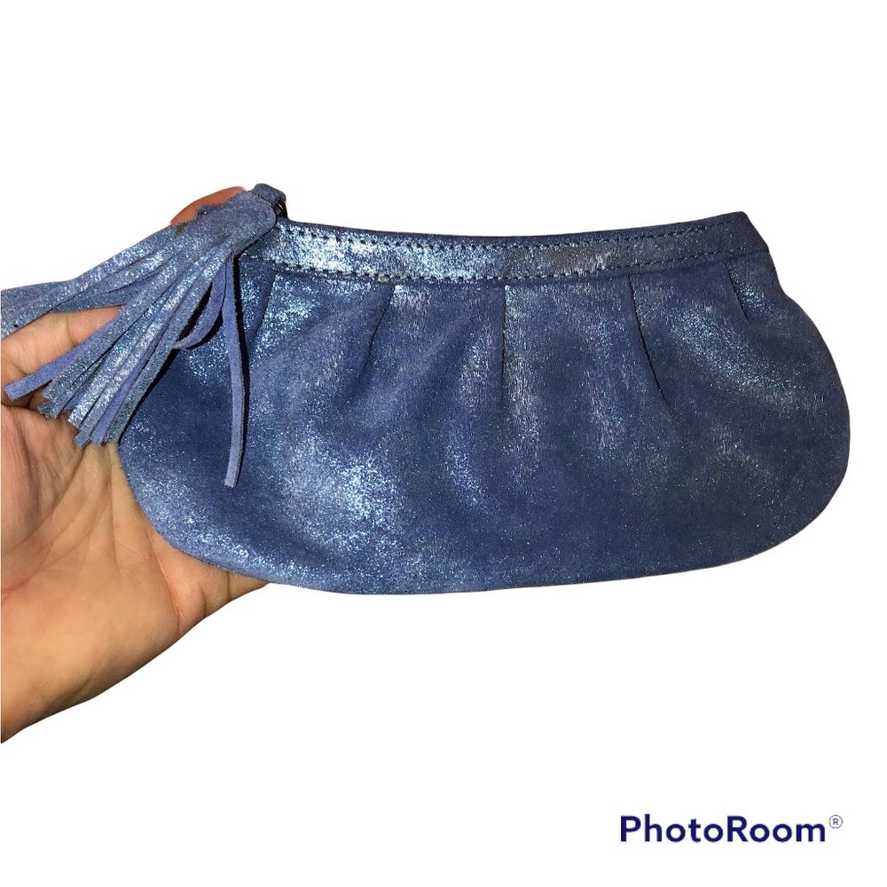 emma caine blue metallic leather tassel zipper pouch as new condition